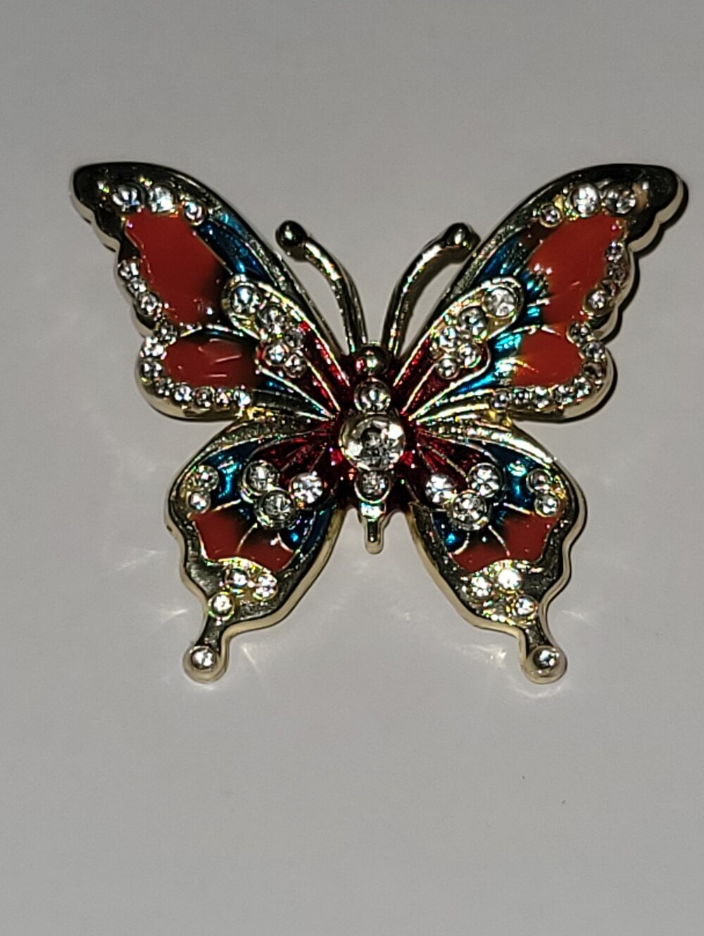 Butterfly Brooch with Blue, Orange & Red Enamel & Clear Crystals